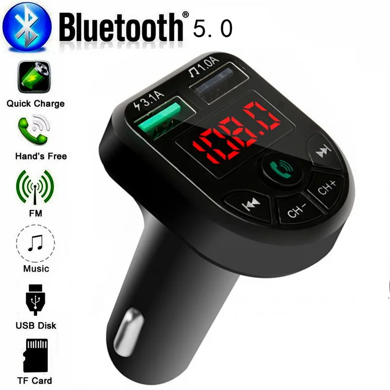 

Car Fm Transmitter Bluetooth 5.0 Car Mp3 Player Modulator Adapter Battery Voltage TF Card Hands-free Dual USB Smart Chip E5