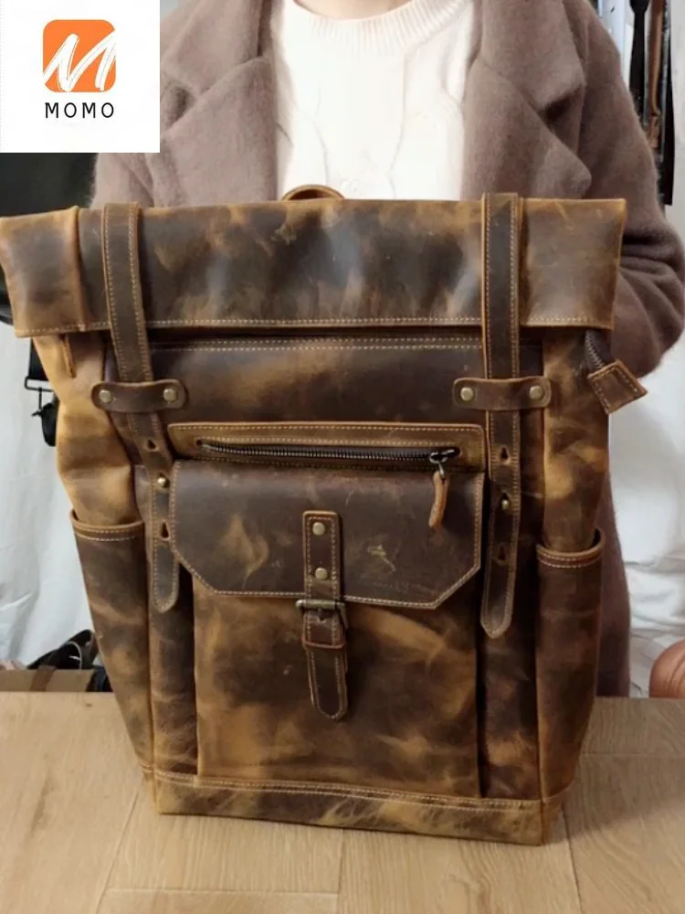 

waterproof customized crazy horse leather 16 inch laptop backpack vintage genuine leather rucksack