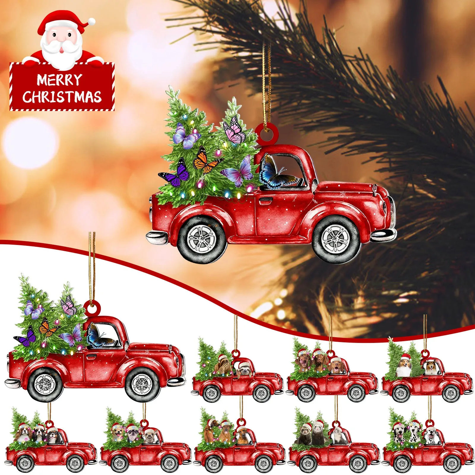 

Car Cartoon Ornaments Small Christmas Tree Hanging Wooden Pendants Ornaments 2021 New Christmas Holiday Family home Decorations