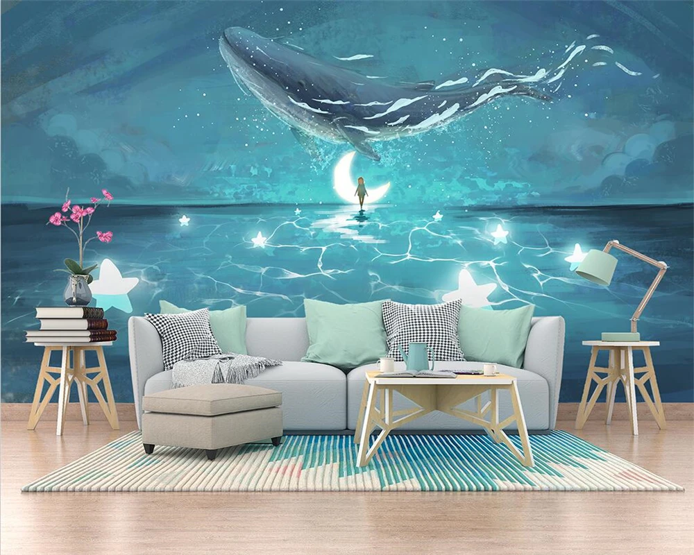 

beibehang Customized modern nordic watercolor mediterranean ocean whale children's room background wallpaper papier peint