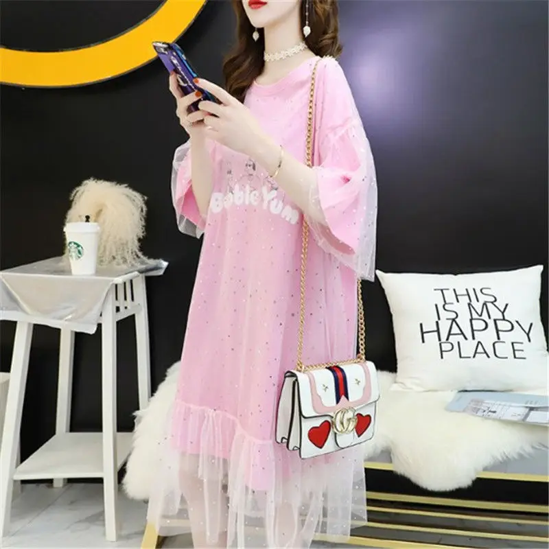

2021 Summer Ladies Fairy Mid-length Dress Women Korean Loose Short-sleeved T-shirt Skirt