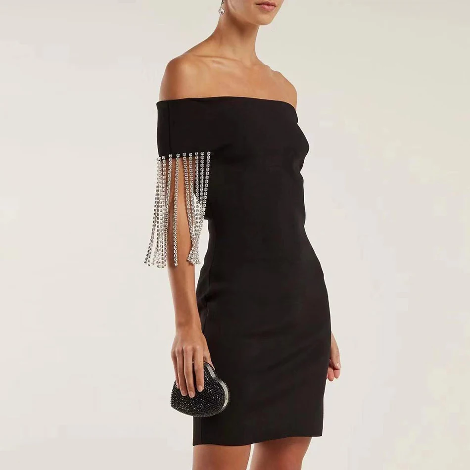 

Slash Neck Sexy Bandage Dress Summer Black Red Apricot Beading Off Shoulder Mini Short Dress Women Celebrity Party Night Club