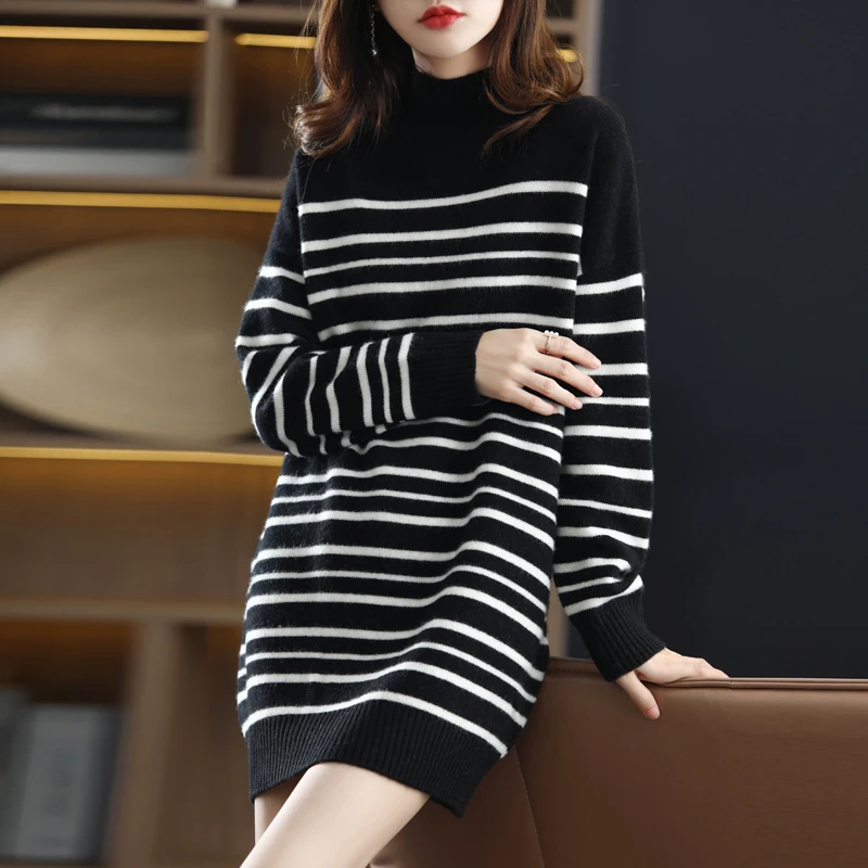 Autumn And Winter New Mid-Length Women's Pure Wool Cashmere Sweater Half High Neck Pullover Color Matching Knitted Base Sweater