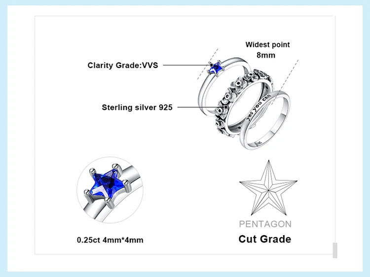 JewelryPalace Star Форма с голубой шпинелью кластера цветок выгравированы да, вы можете Stackable Ring комплекты 925 пробы серебро