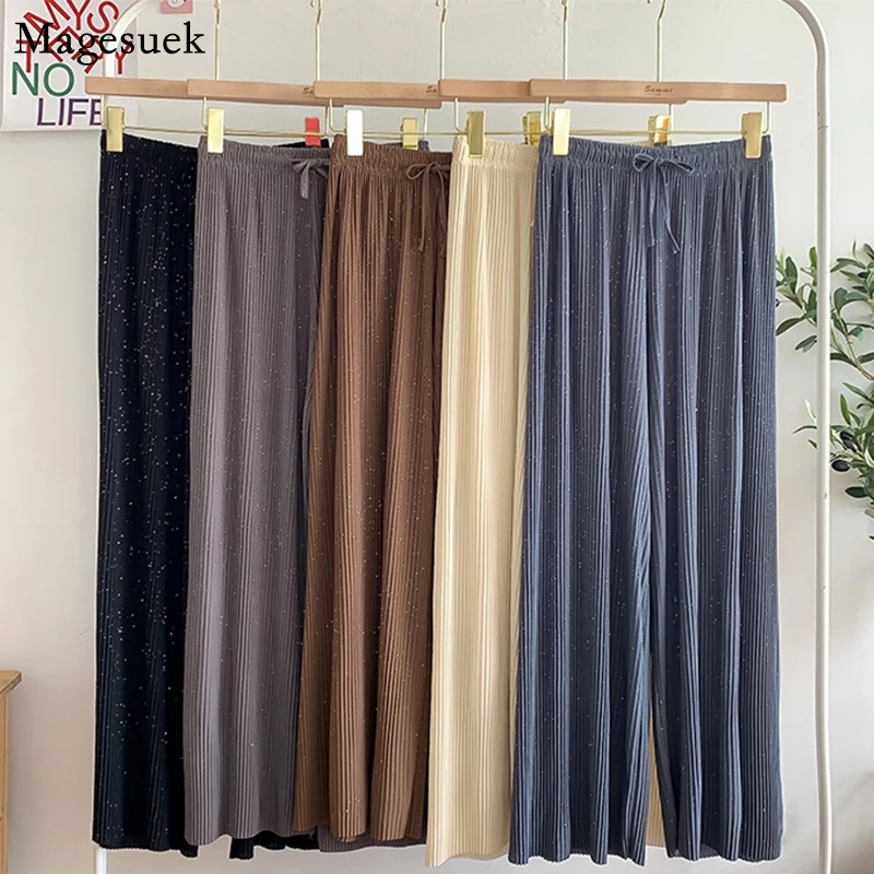 

High Waist Pants Women Loose Pleated Casual Sequin Women Pants Drape Elastic Waist Shiny Straight Solid Wide Leg Trousers 10377