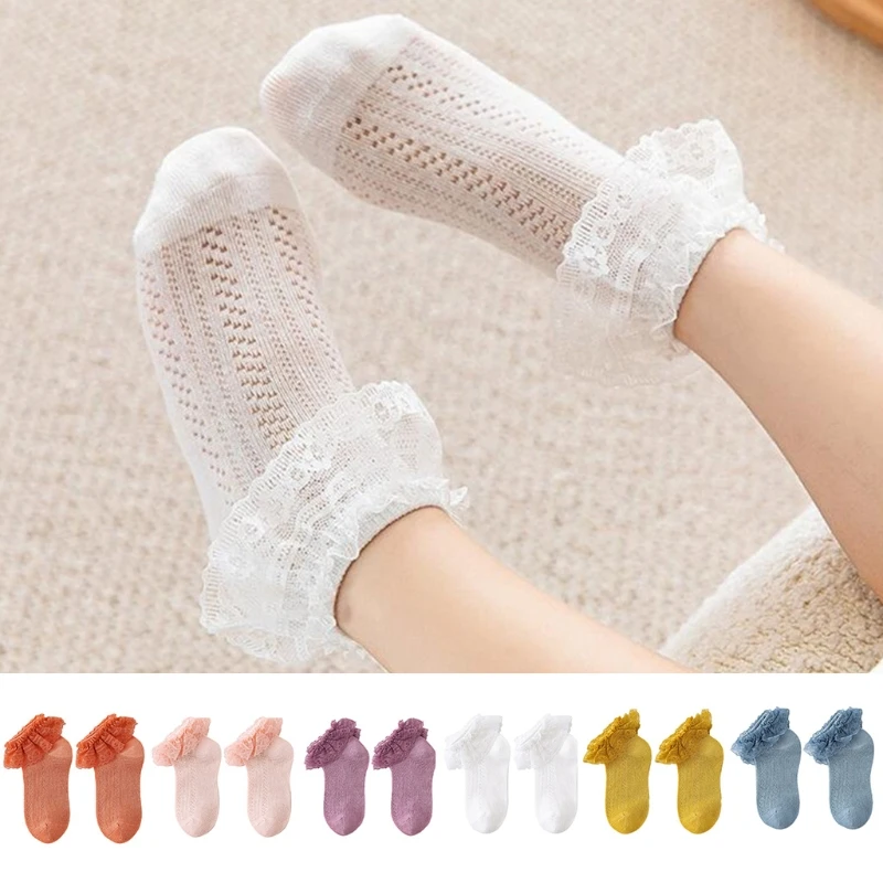 

Kids Baby Girls Sweet Ruffle Lace Trim Cotton Socks Breathable Mesh Infant Toddler Princess Solid Color Ballet Dance Sum