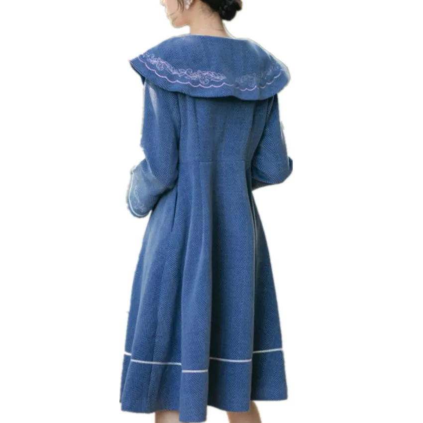 Осенне-зимнее винтажное шерстяное пальто с вышивкой женское тонкое однобортное |