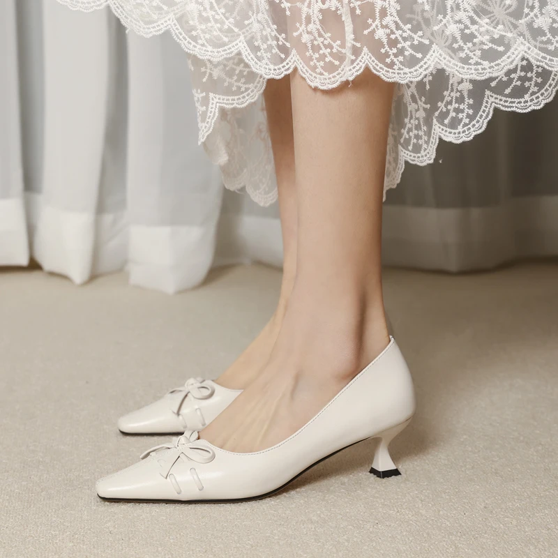 

Genuine Leather poined Toe bowties Women Shoes High Heels Pumps For Women Classic Design Wedding Party Female Pumps