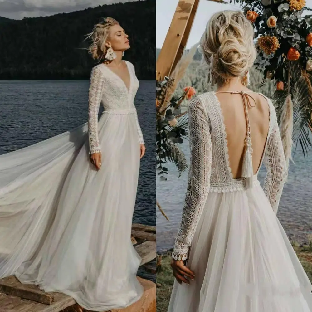 Vestido De Noiva 2020 Boho Свадебное платье с длинным рукавом Кружевное v образным вырезом