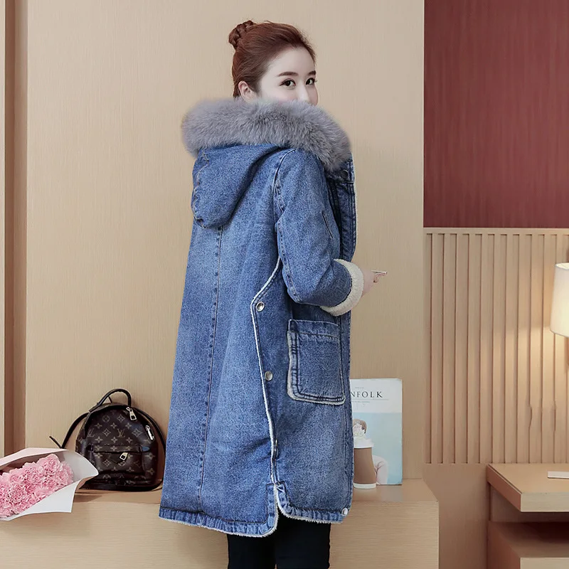 

new Winter style women's medium and long large wool collar denim cotton padded clothes with cashmere lamb