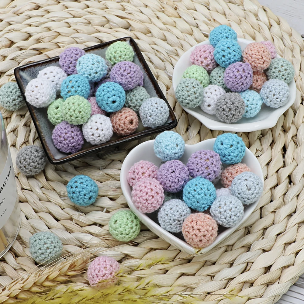 

TYRY.HU 12pcs 16/20mm Crochet Round Wooden Beads Mix Handmade ball Can Chew DIY Nursing Jewelry Organic Teething Bracelet beads