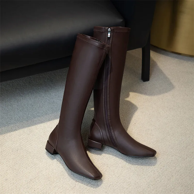 

ANNYMOLI Women Slim Boots Shoes Real Leather Mid Heel Long Boots Zip Square Toe Chunky Heels Knee High Boots Autumn Winter Khaki