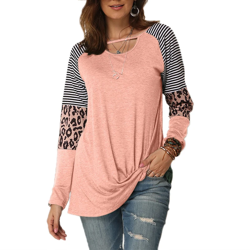 

#w Casual Women Tshirts Leopard Striped Stitching Round Collar Long Sleeve Loose Tops Shirts Hollow Out Knot Ladies Shirt