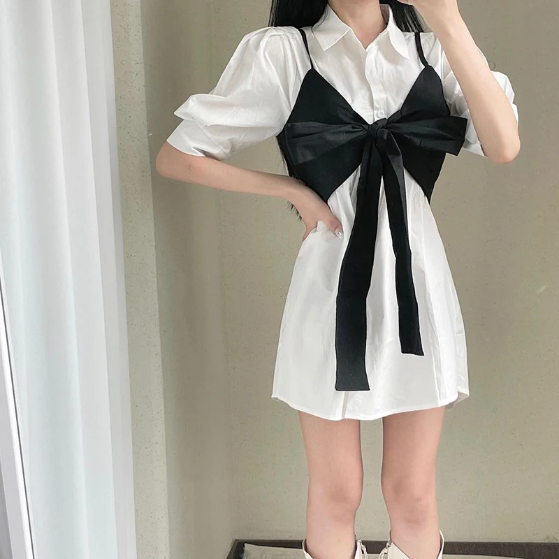 

Lace Up Bow Patchwork A-line Mini Dress Summer Puff Short Sleeve Button Up Shirt Dress Kawaii Korean Fashion Street 90s Iamhotty