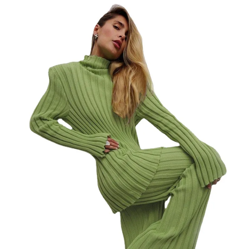 Модный трикотажный костюм в рубчик новинка 2021 свитер с длинным рукавом и штаны