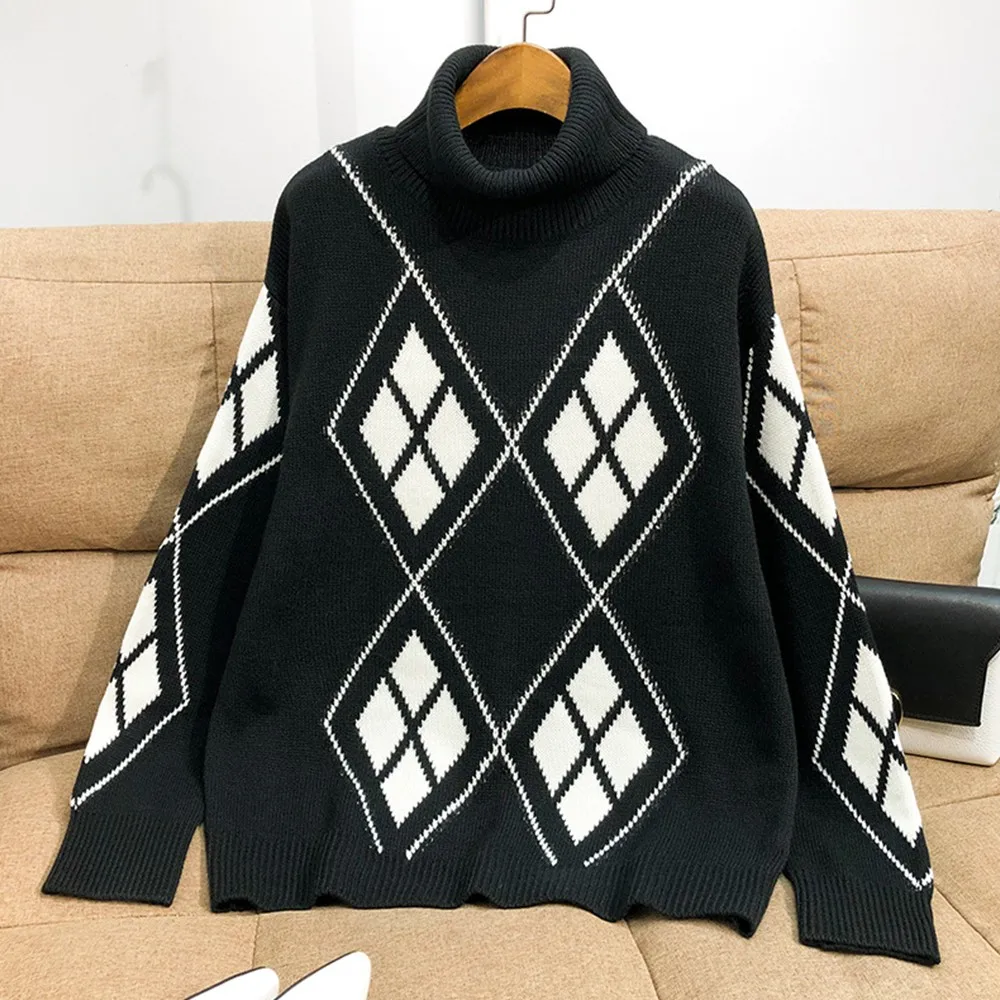

Women Geometric Turtleneck Sweater Knitted Thickened Warmth Pullover Jumpers
