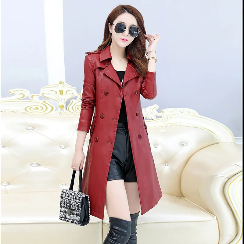Женский Длинный тренчкот из искусственной кожи черная или красная куртка пальто