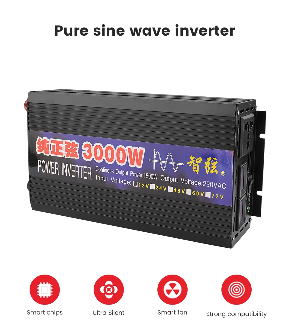 AIYIMA 3000 Вт Чистая синусоида Инвертор DC12V/24 В к AC110V220V 50 Гц автомобильный инвертор преобразования усилитель двойной цифровой дисплей