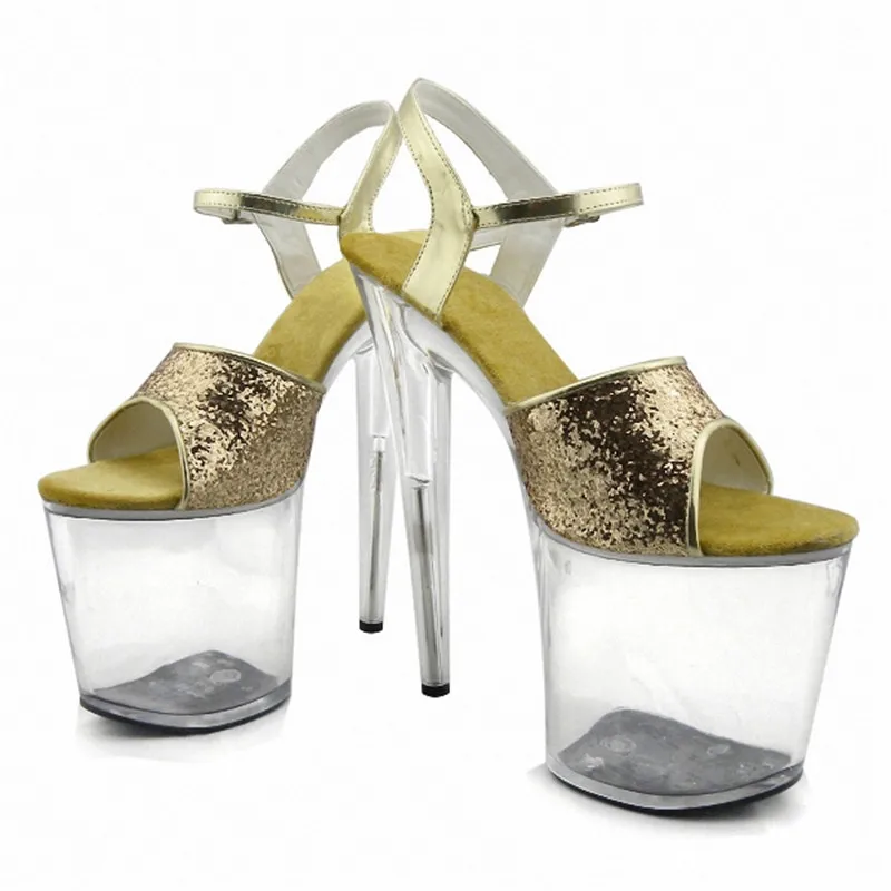 Gorgeous gold/silver glitter high heels 8 inch white flowers wedding shoes clear platform Crystal shoes 20cm Dance Shoes