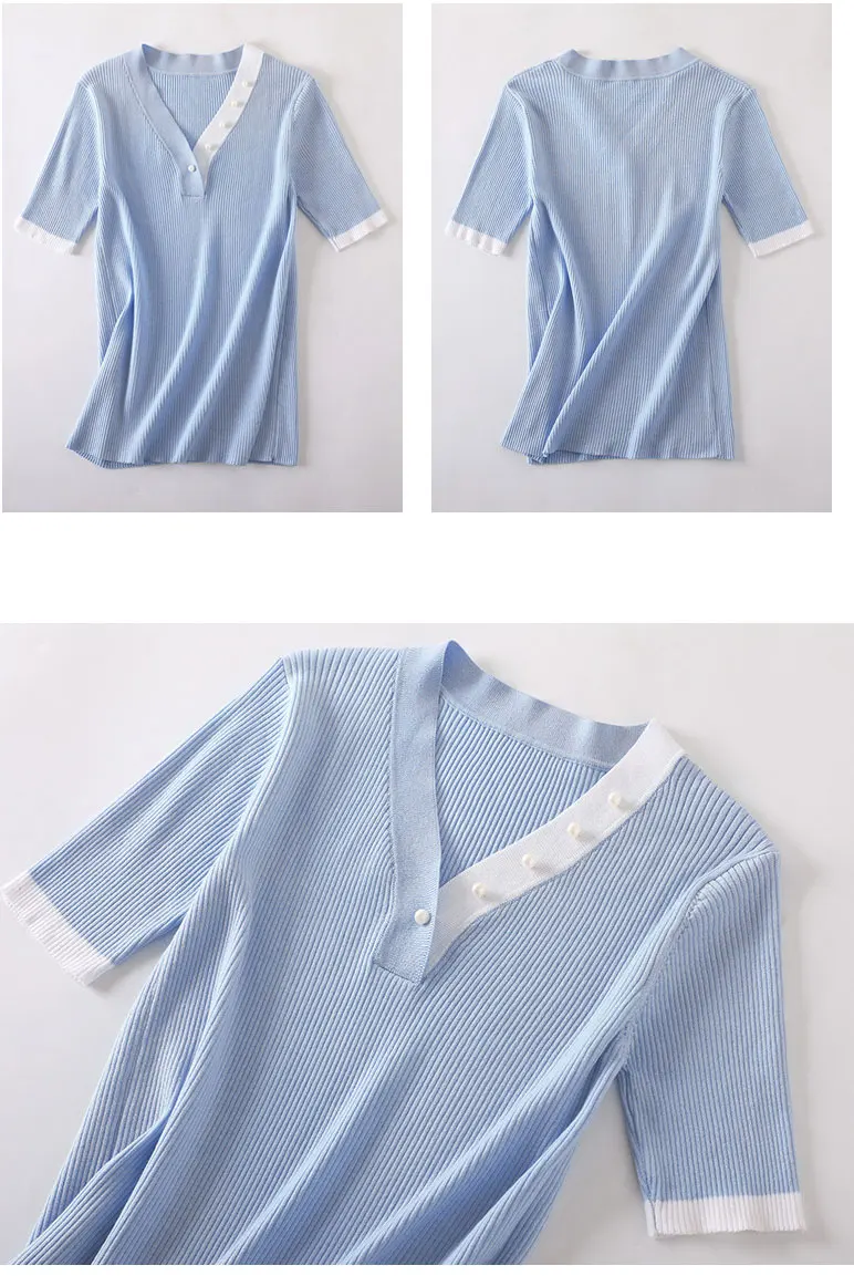 

2020 Summer Women T Shirt V-Neck Short Sleeve Tshirt Kint Tops Women Pearl Bottoming Shirt Femme Slim Tees Black/Blue Streetwear