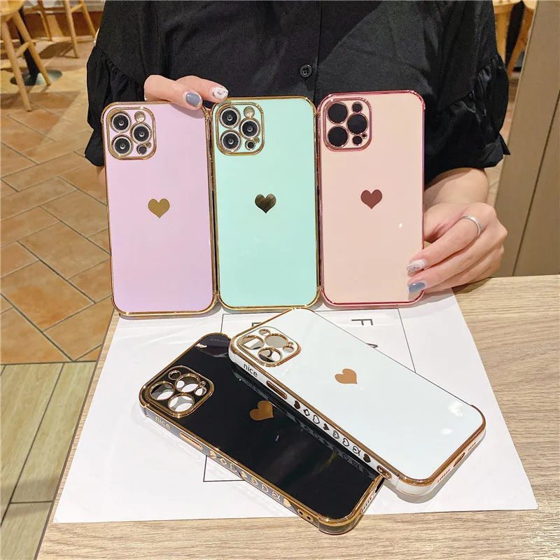 Electroplated Love Heart Phone Case For iPhone 11 12 13 Pro Mini Max X XR XS Max 7 8 Plus SE 2020 Shockproof Protective Cover