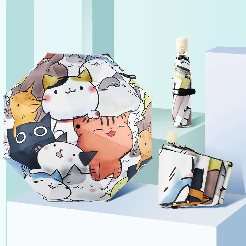 Automatic Three-folding Umbrella 8K Cartoon Kitten Printing Cat Umbrella for Male and Female
