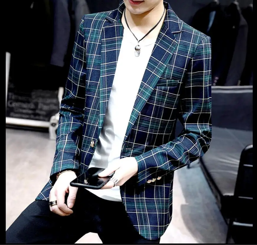 Мужской Клетчатый небольшой костюм куртка с длинным рукавом Корейская версия