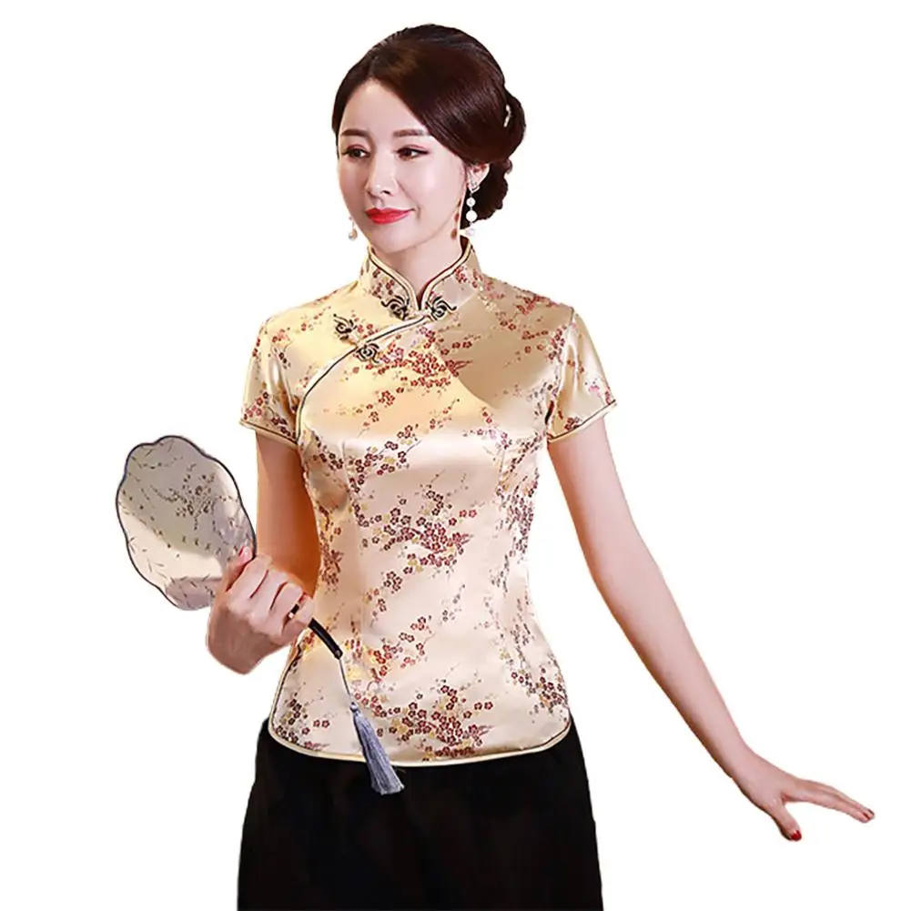 

blouse women Chinese Plum Blossom Short Sleeve Stand Collar Buttons Slim Blouse Shirt рубашка женская blusas mujer de moda 2020