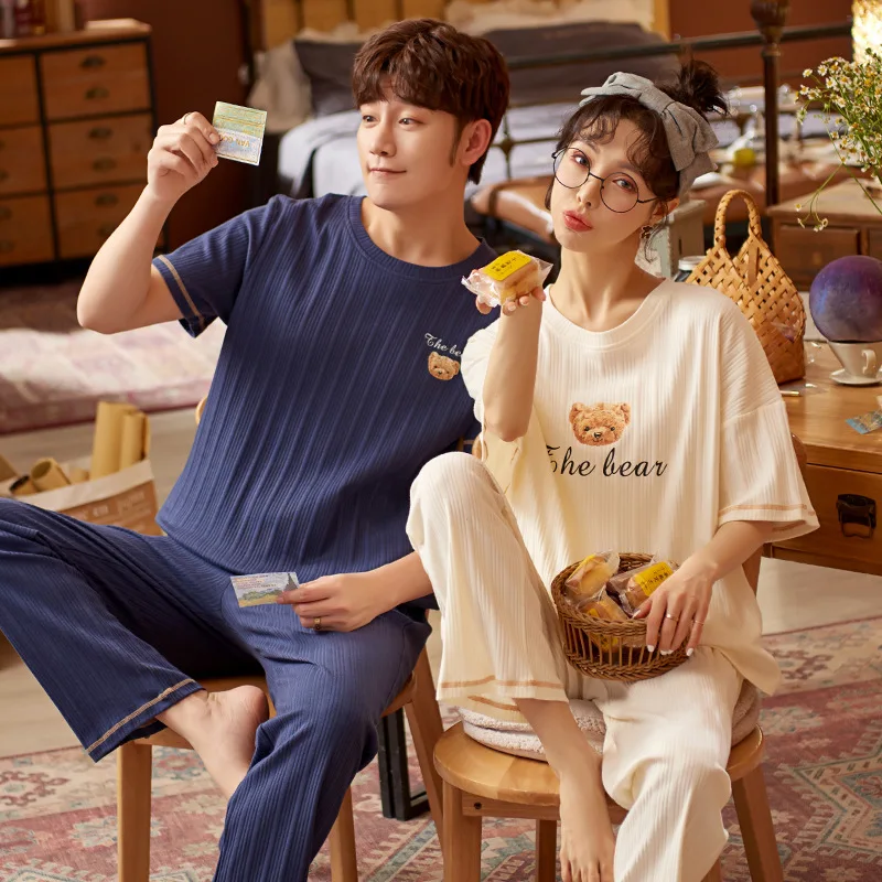 

Couple Nightwear Summer Short Sleeve Cute Cartoon Little Bears Women Pajamas Set Simple Cotton Round Collar Casual Men 2021 New