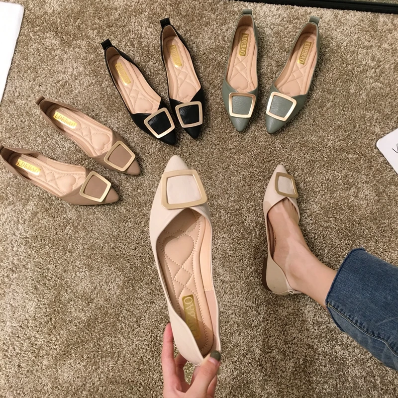 

ELLALEE Women Pumps Low Heels Pump Pointed Shoes Slip on Spring PU Leather Flats Casual Square Button Shallow Female Shoe