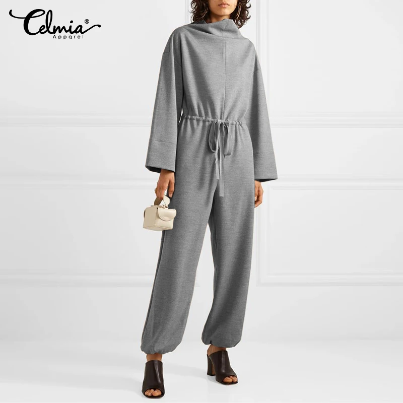 

Celmia 2021 Autumn High Waist Knitted Jumpsuits Women's Casual High Collor Long Rompers Fashion Drawstring Waist Loose Overalls