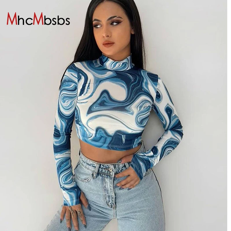 

Sexy Swirl Print Backless Bodycon Tee Shirts Women Turtleneck Long Sleeve Slim Crop Top 2021 Fall E-girl 90S Cute Y2K Clothes