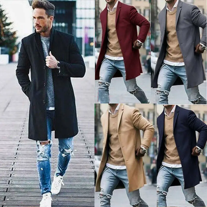Winter Warm Soft Men's Wool Coat Trench Outwear Overcoat Long Sleeve Button Up Jacket Top | Мужская одежда