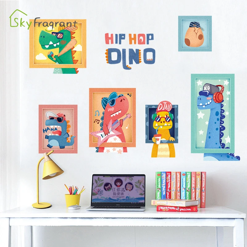 

Cartoon Hip Hop Dinosaur Kids Room Decor Bedroom Wardrobe Door Sticker Home Decoration Background Wall Stickers Self-adhesive