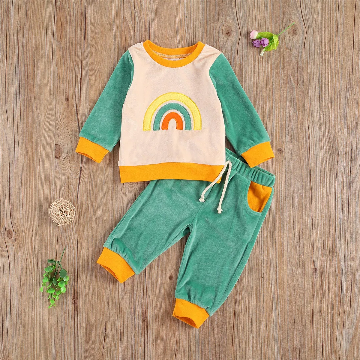 

0-3Y Fashion Toddler Kids Baby Boy Girls Clothes Autumn Children Rainbow Print Velvet Pullover Sweatshirts+Lace-up Pants Outfits