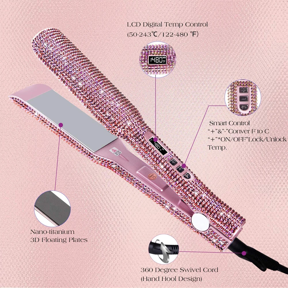 2 дюймовый титановый выпрямитель для волос плоский утюжок ЖК дисплей стразы