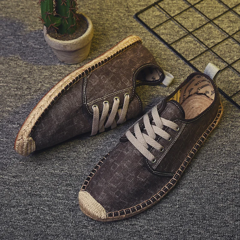 Мужские парусиновые туфли Bule черные серые повседневные рыбацкие с пеньковой