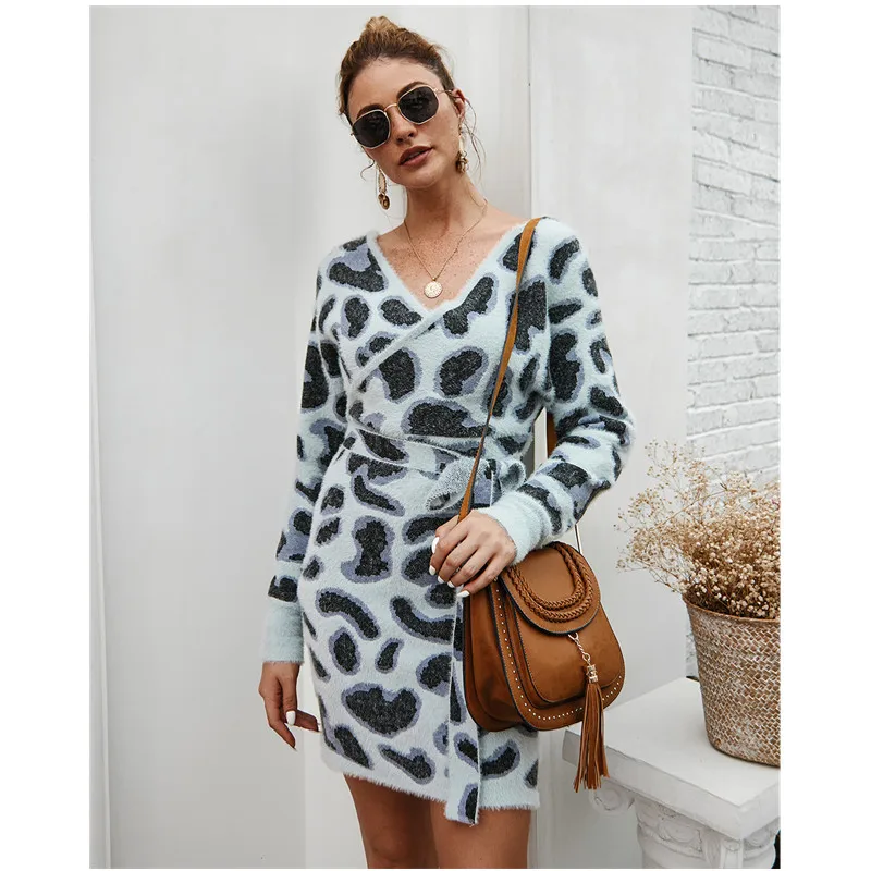 

Leopard Print Knitting Dress Women Autumn Winter Dresses Long sleeve V-Neck Sexy Mini Dress Lady Casual Party Knit Sweater Dress