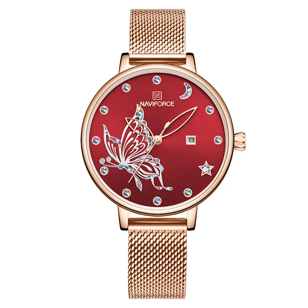 NF5011-Red NAVIFORCE, новинка, женские часы, уникальная бабочка, нержавеющая сталь, сетчатый Браслет, кварцевые наручные часы для дам, девушек, модный подарок - Цвет: NF5011-Red