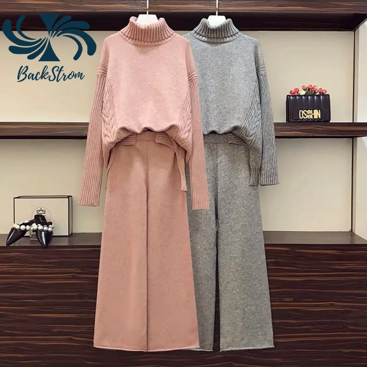 

BACKSTROM Women Sweaters Plus Size Female Winter Fashion Simple Wide-legged Pants Temperament Pink Turtleneck Crop Sweater