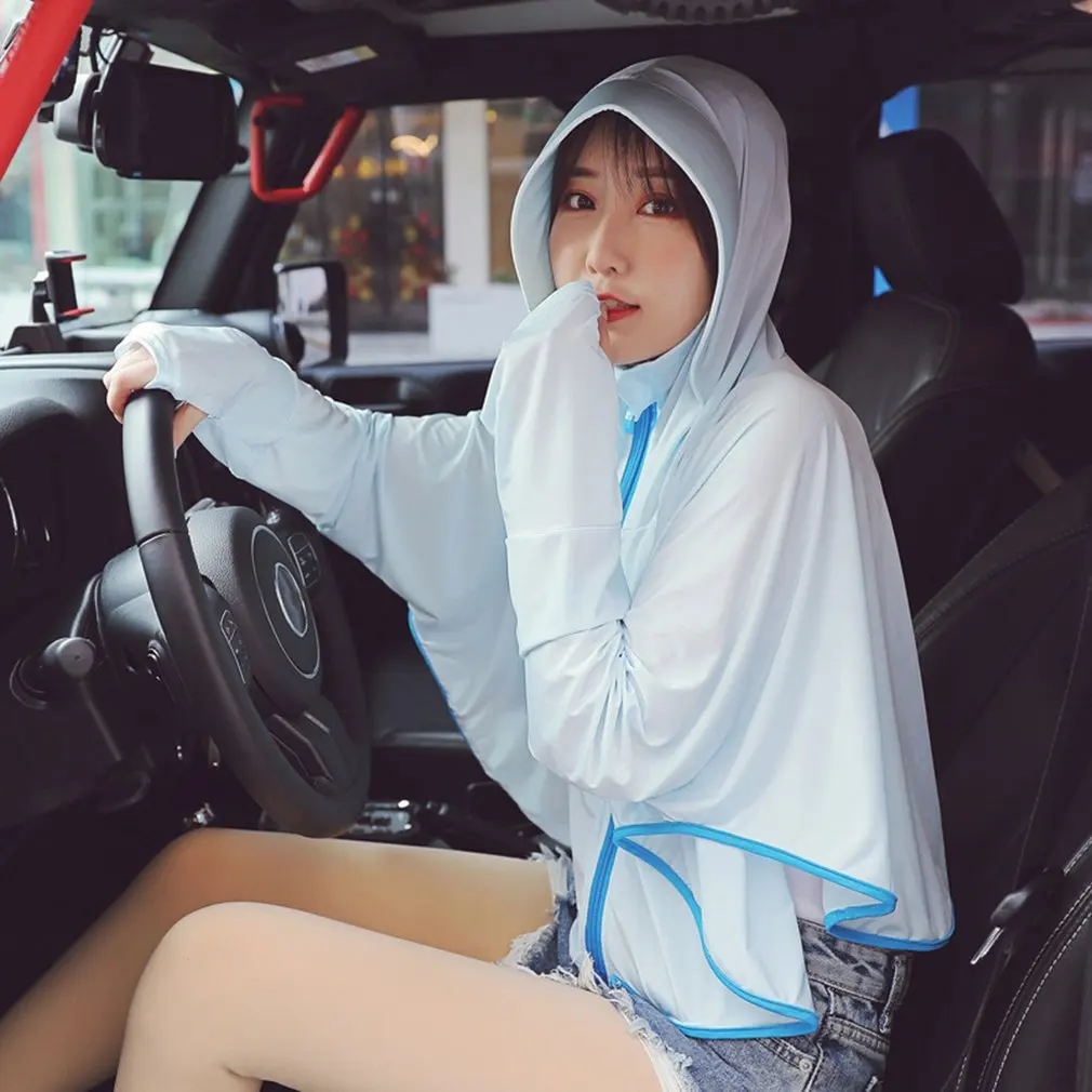 

Ice Silk Sunscreen Clothing Female Summer Hooded Breathable Shawl Outdoor Beach Clothing Zipper Riding Sun Protection Clothing