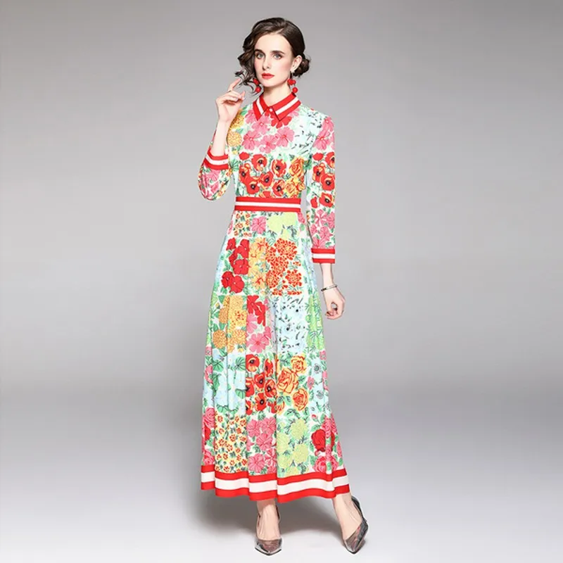 

Женское длинное платье с отложным воротником, винтажное Повседневное платье с цветочным принтом, 2021