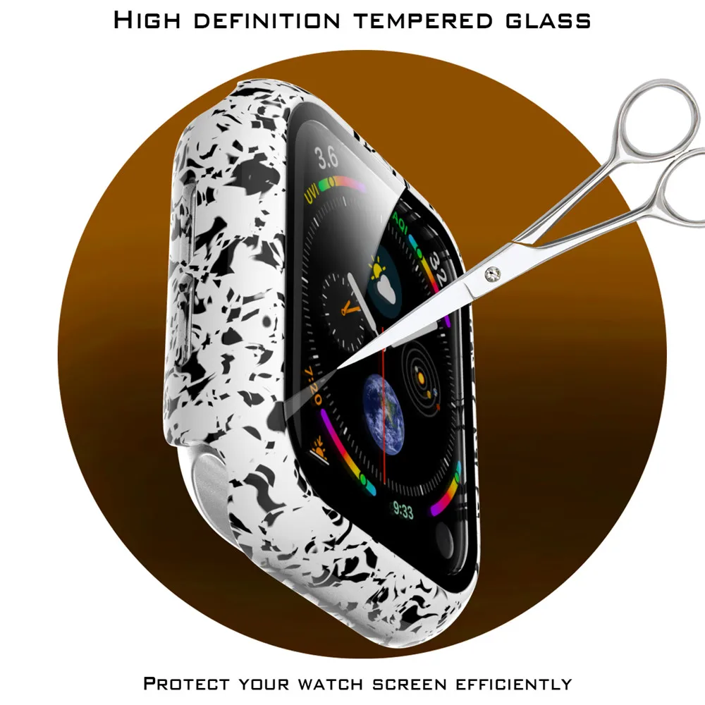 Fashion Pattern PC Hard Screen Protector Case for Apple Watch Cover Series SE 6 5 4 3 with Glass Film 40mm 44mm 38mm 42mm Bumper