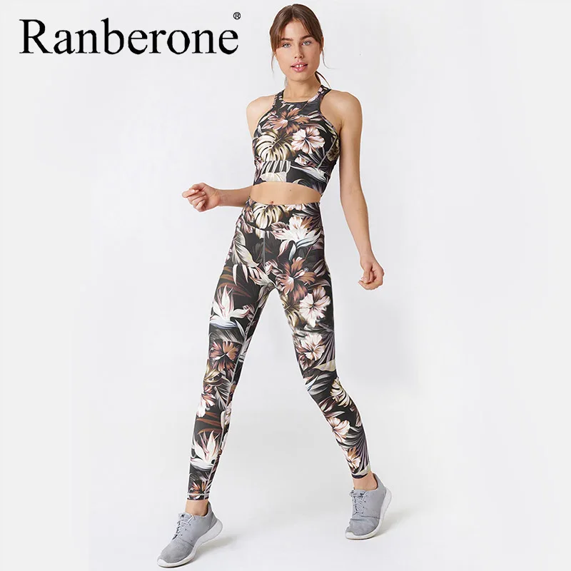 Ranberone Sport Set Women Floral Print Yoga Set Running Fitness Gym Sportswear Sleeveless Bras+Seamless Leggings Women Tracksuit