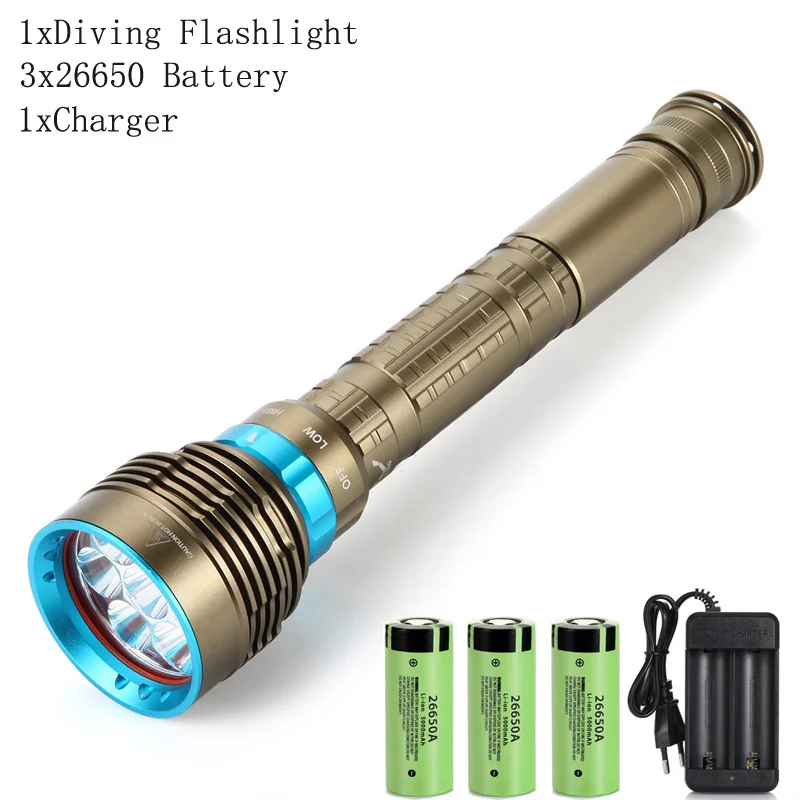 Package A Светодиодный фонарик для дайвинга, 7 x XM-L2, 100 лм, подводный фонарь, 26650 м, водонепроницаемый фонарь, аккумулятор 3x+ зарядное устройство - Испускаемый цвет: Package A