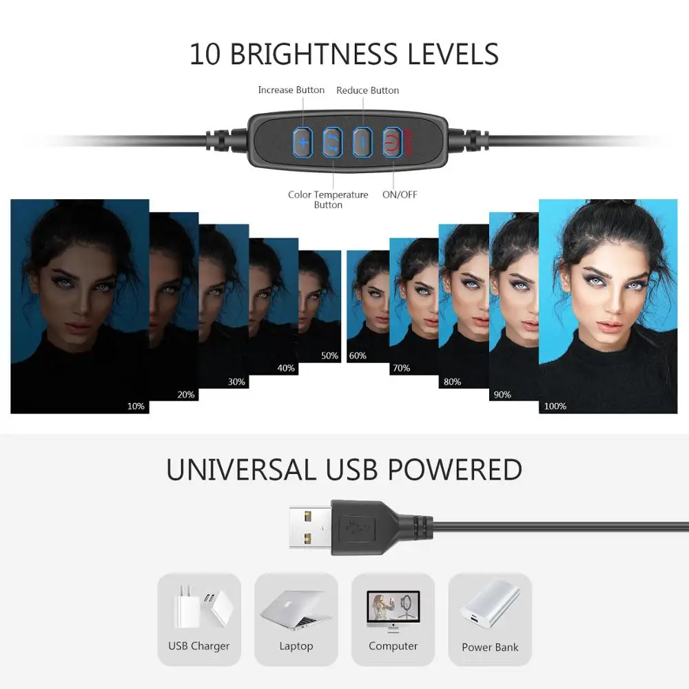Neewer 10 дюймов USB светодиодный кольцевой светильник с треножной стойке (3 режимов/10
