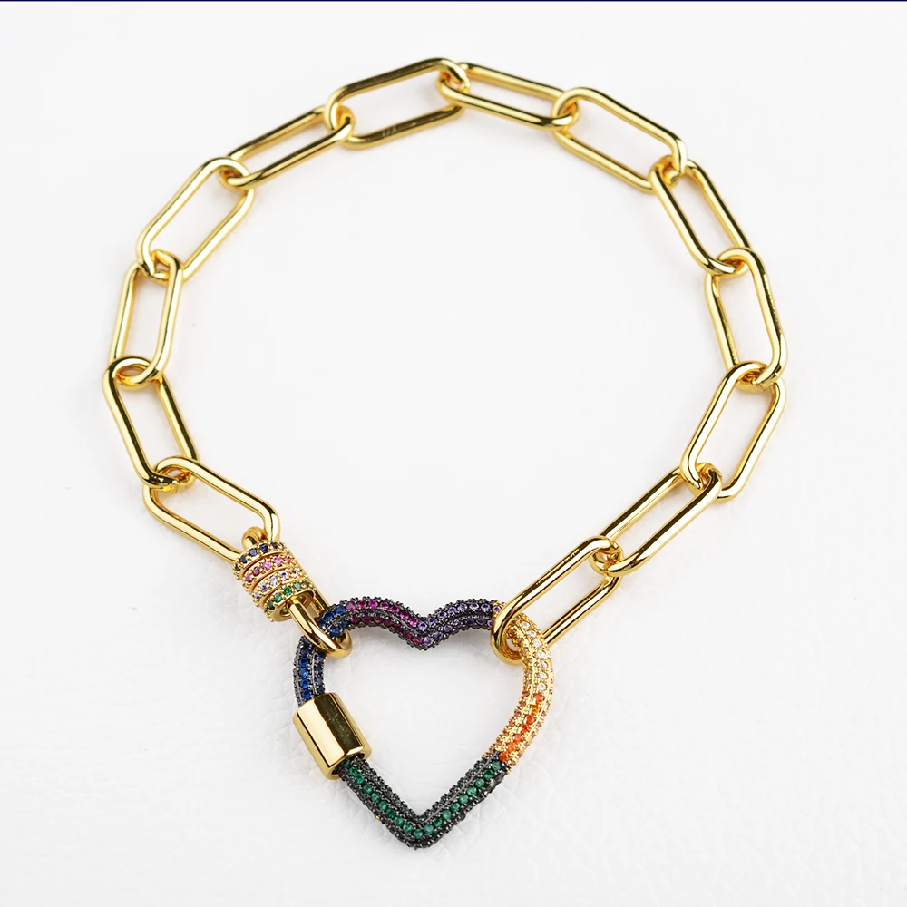 

New Women's rainbow heart clasp Gold Plated rectangular chain bracelet