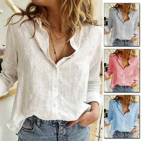 Casual Long-Sleeved Linen Shirt for Women Blouse Summer Loose Shirts Oversized Tops Solid Color Female Top Sleeve
