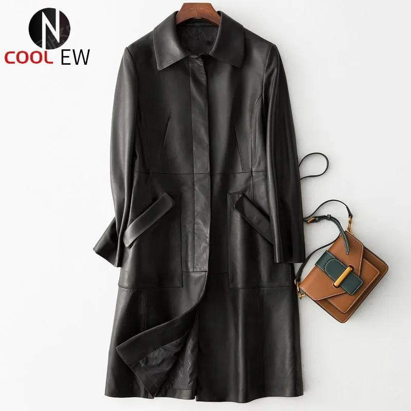 

100% Real Leather Long Jacket Women Designer Slim Fit Sheepskin Windbreakers Spring New Runway Office Lady Overcoat Plus Size