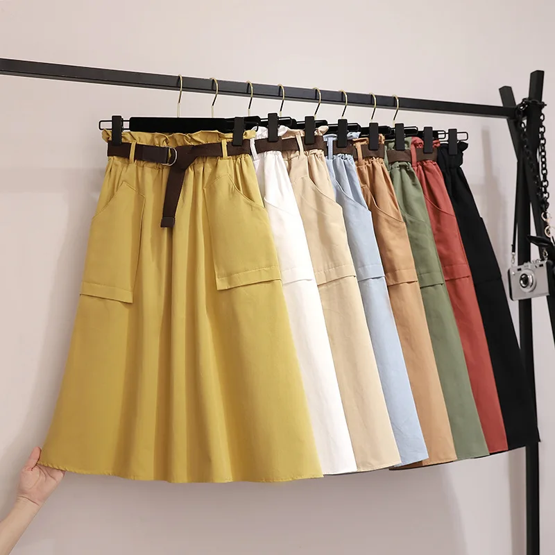

Midi Knee Length Summer Woman Skirts With Belt 2020 Fashion Korean Style Ladies High Waist A-line School Skirt mujer faldas